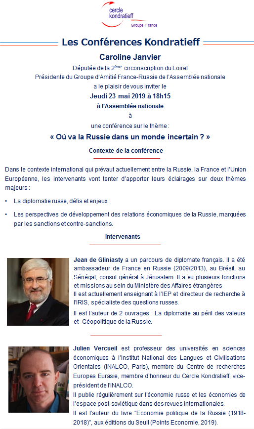 Invitation. Paris. Les Conférences Kondratieff. Où va la Russie dans un monde incertain. 2019-05-23